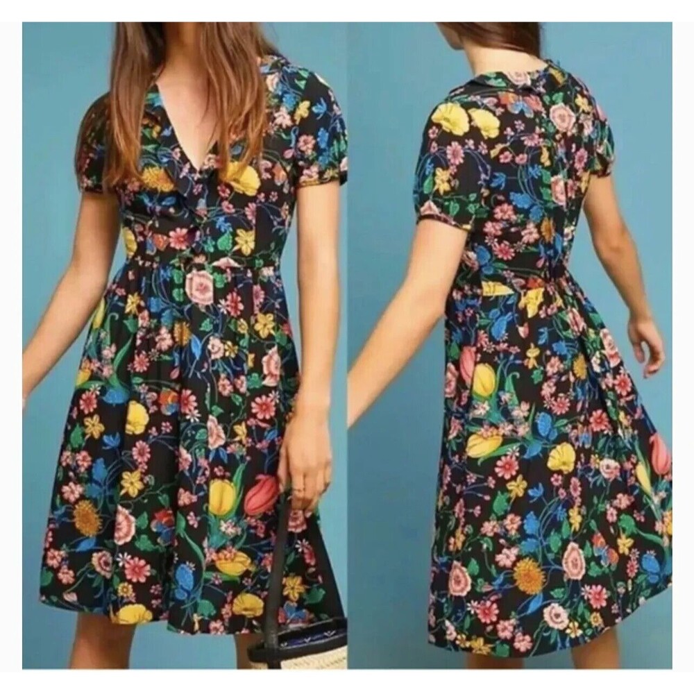 Anthropologie Black Floral Fit-and-Flare Dress